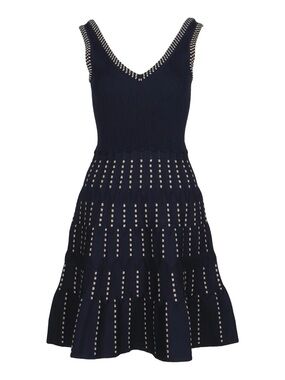 Sandro Jasm Marine Navy Metallic Gold Knee Length Mini Knitted Dress Sz 36 NWT